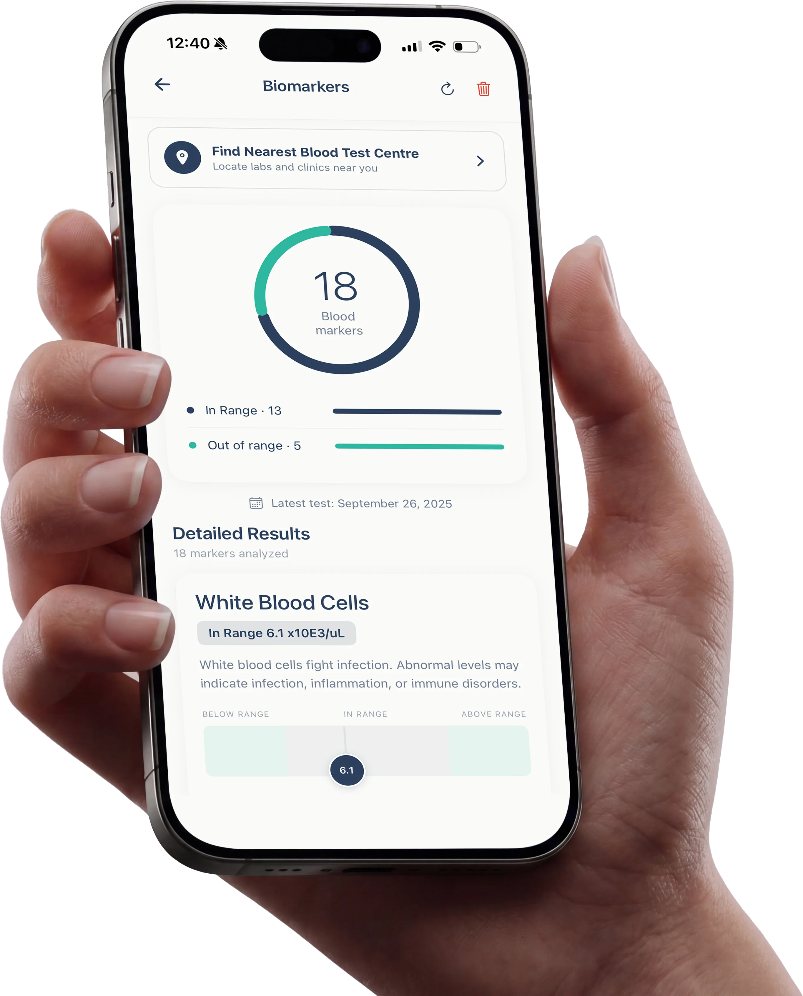 KareGO app showing a biomarker trend and flagged out-of-range results