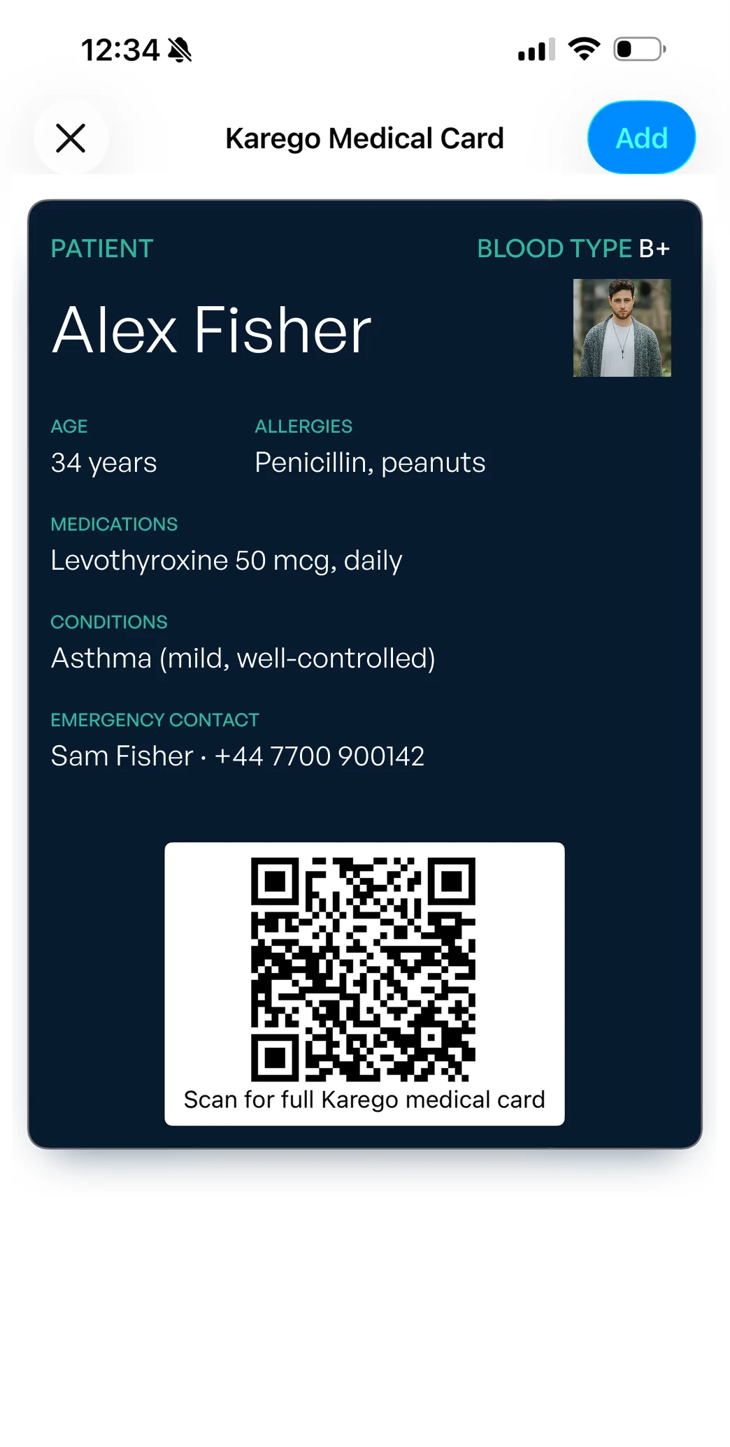 KareGO medical ID showing a scannable emergency QR code