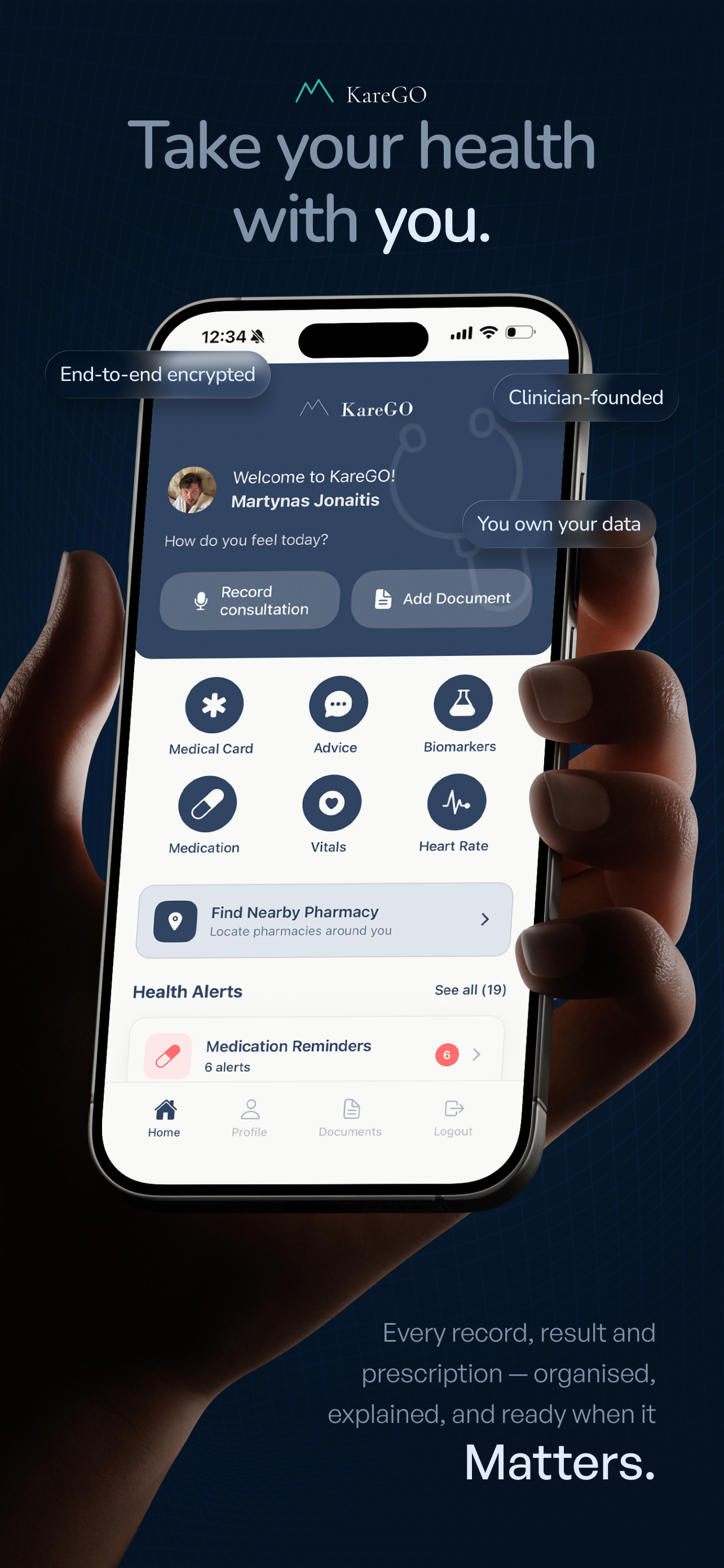 Hand holding a phone showing the KareGO home screen with quick actions and health alerts