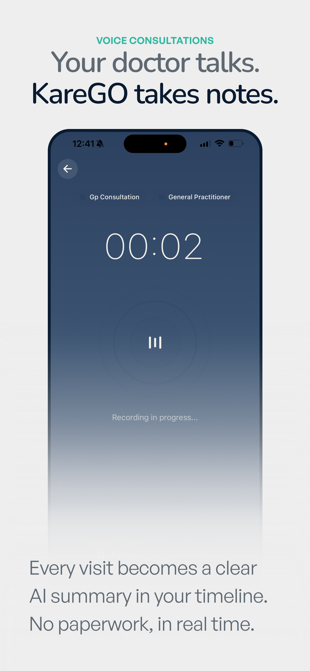 KareGO consultation recording screen with a live timer