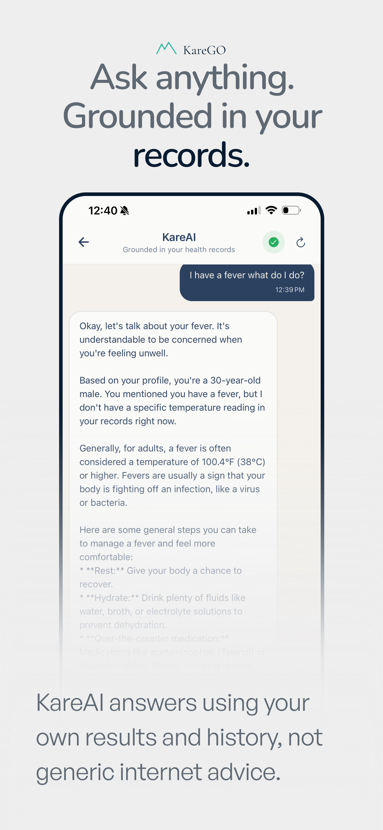 KareAI chat answering a question using the user’s health records