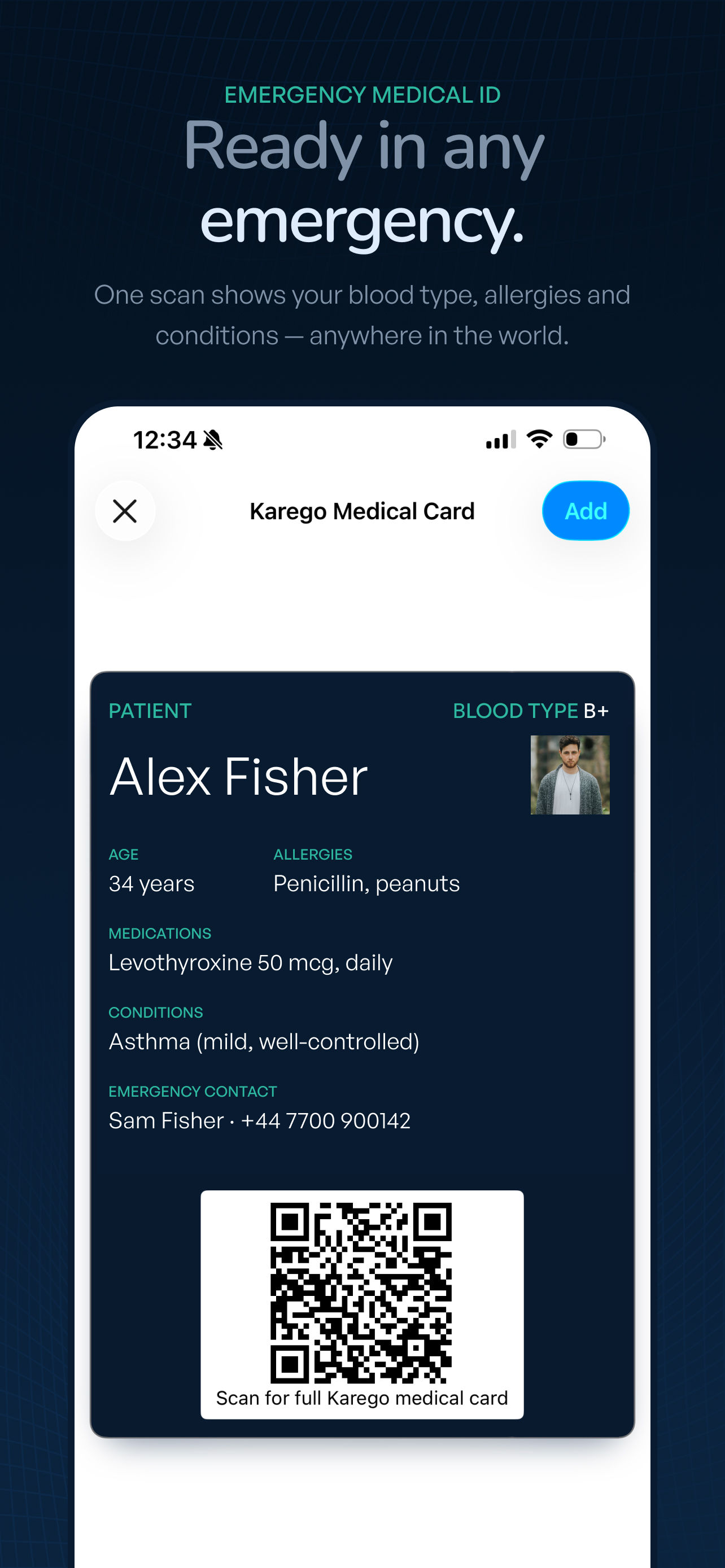 KareGO emergency medical ID card with QR code and key health details